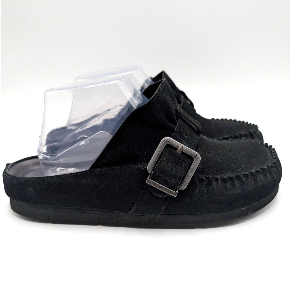 Free People Suede Moccasin Buckle Mules SZ 8.5 Black Flat Clogs Nubuck Shoes